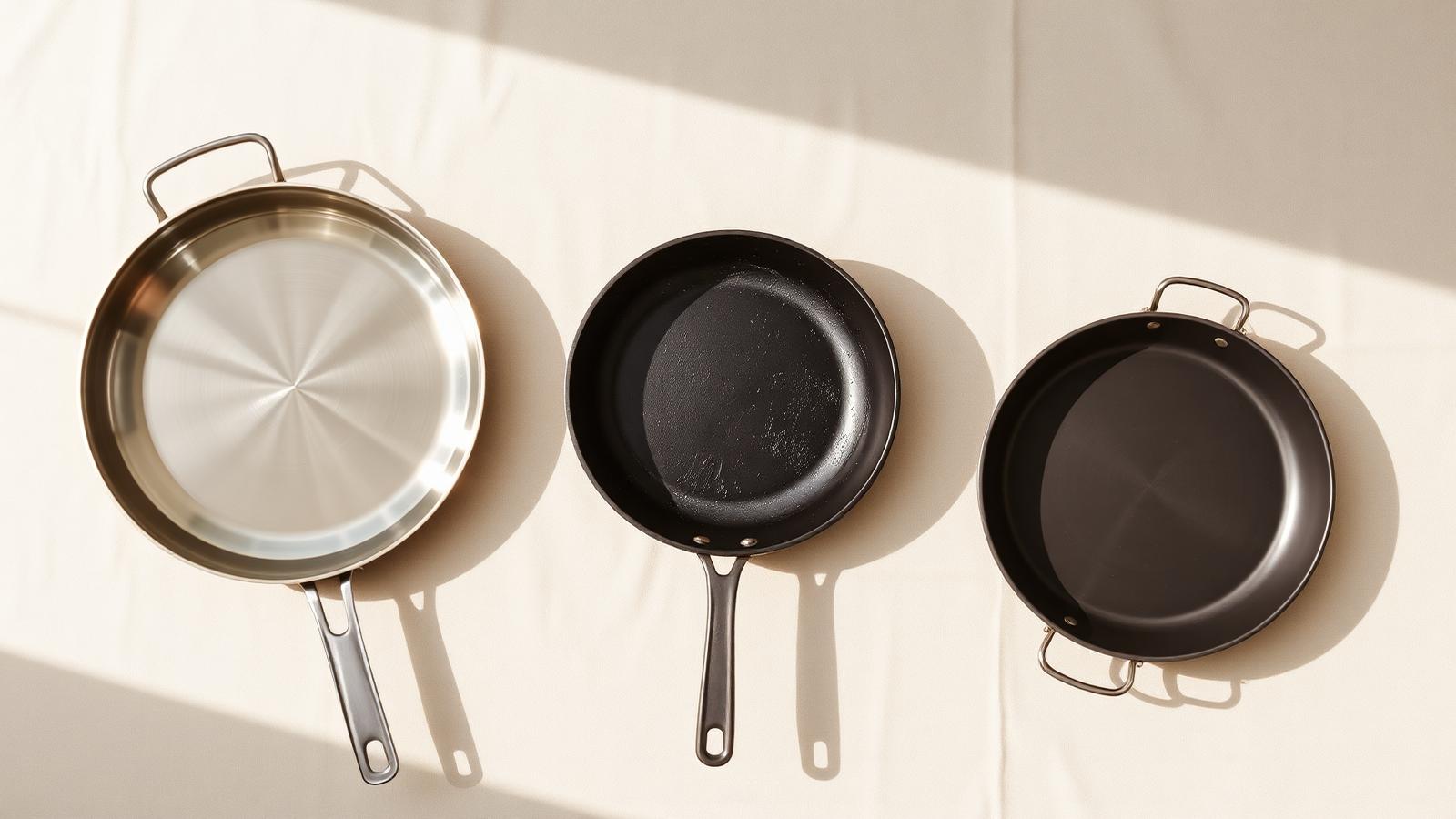 Cast iron, stainless, and carbon steel cookware arranged for a materials comparison